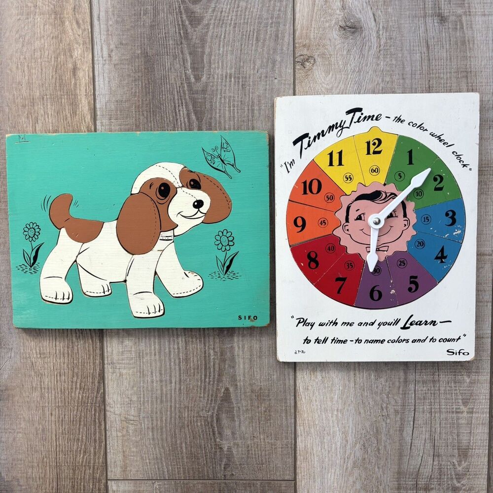 Vintage SiFO Children’s Wooden Puzzles Timmy Time Clock & Puppy Dog 1950s Toy